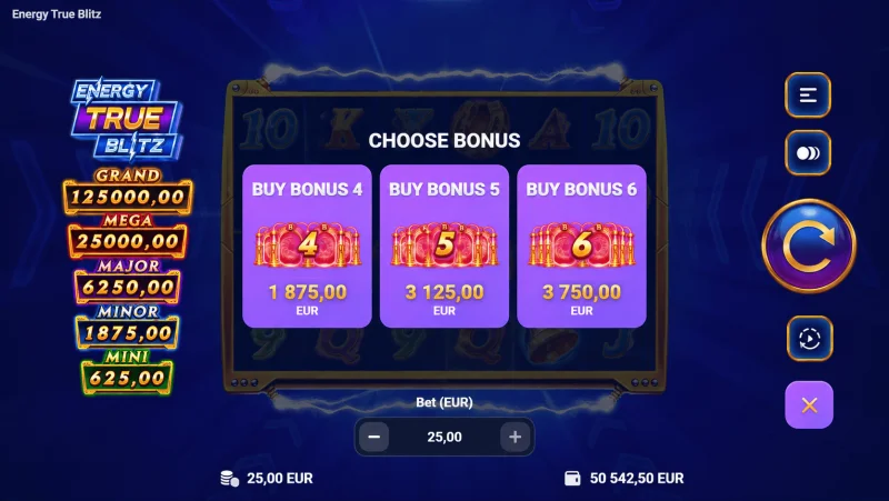 Energy True Blitz - meni za kupovinu bonusa